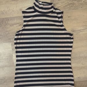 Striped Sleeveless Turtleneck Tank Top - Black & Cream